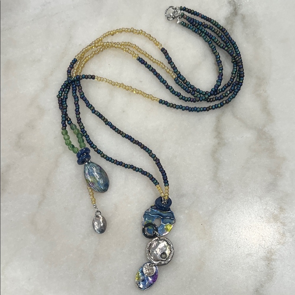 35” Vintage Blue and Gold Beaded Double Strand Necklace